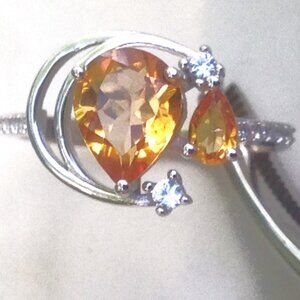 Unheated Pear Yellow Citrine 9x7mm w/ Simulated Cz 925 Sterling Silver Ring Sz 8